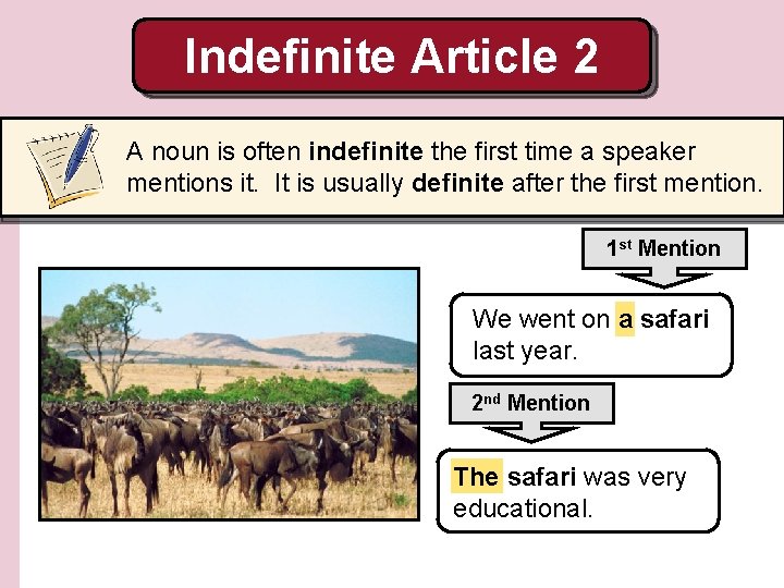 Indefinite Article 2 A noun is often indefinite the first time a speaker mentions