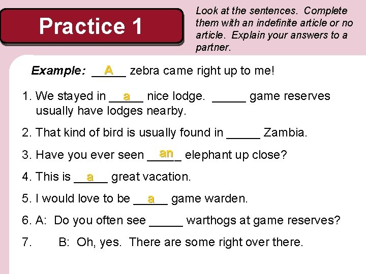 Practice 1 Look at the sentences. Complete them with an indefinite article or no