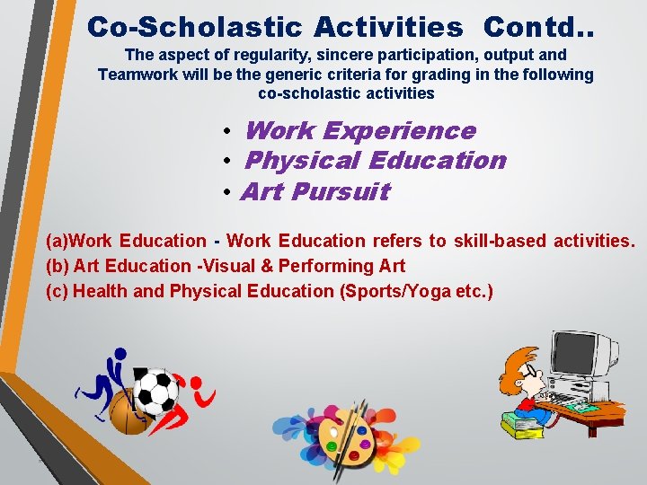 Co-Scholastic Activities Contd. . The aspect of regularity, sincere participation, output and Teamwork will