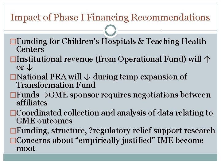 Impact of Phase I Financing Recommendations �Funding for Children’s Hospitals & Teaching Health Centers
