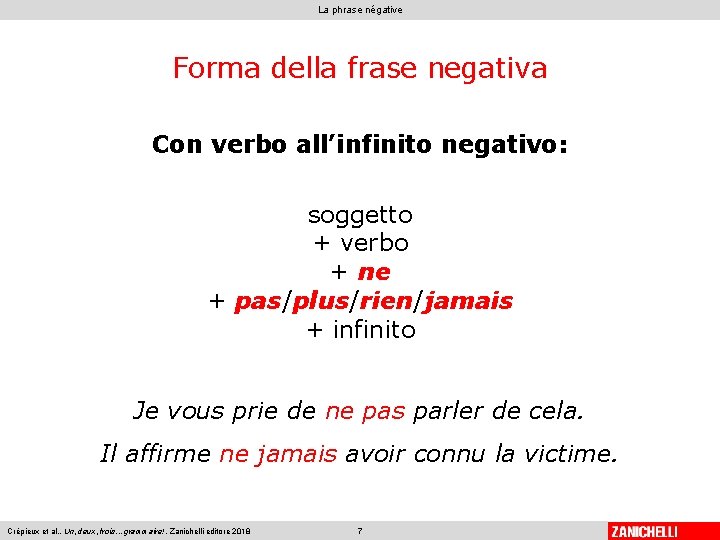 La phrase négative Forma della frase negativa Con verbo all’infinito negativo: soggetto + verbo