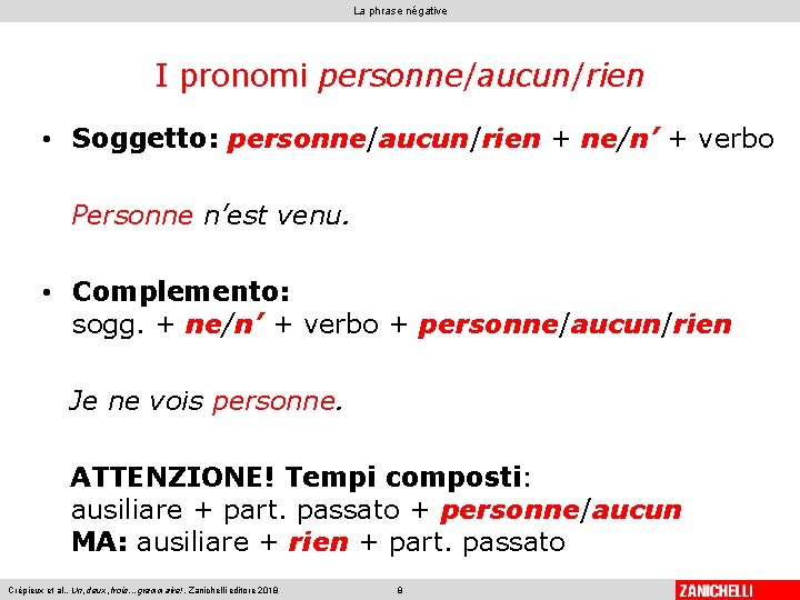 La phrase négative I pronomi personne/aucun/rien • Soggetto: personne/aucun/rien + ne/n’ + verbo Personne