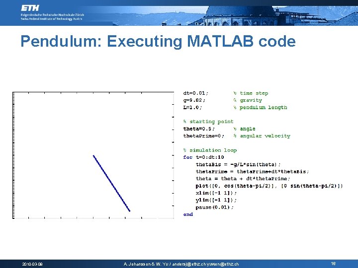 Pendulum: Executing MATLAB code 2010 -03 -08 A. Johansson & W. Yu / andersj@ethz.