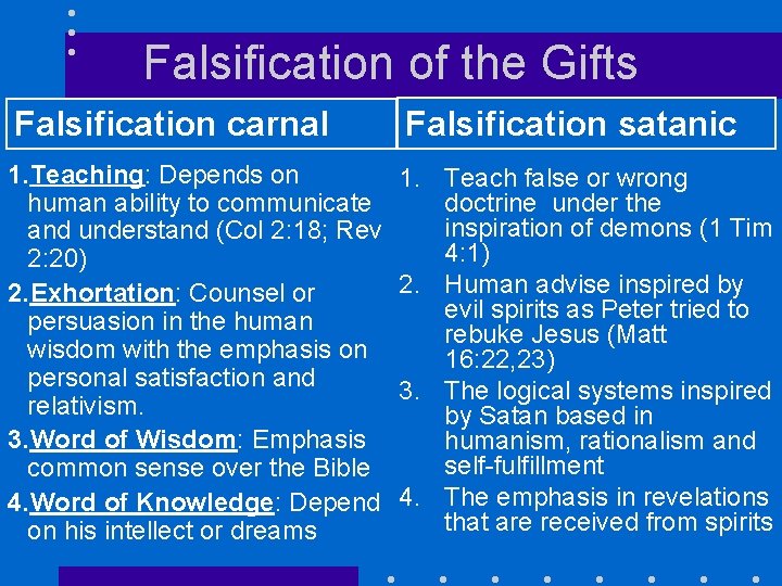 Falsification of the Gifts Falsification carnal Falsification satanic 1. Teaching: Depends on human ability