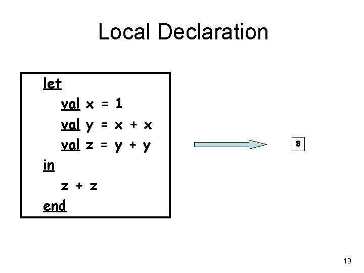 Local Declaration let val x = 1 val y = x + x val