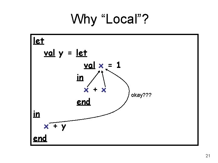 Why “Local”? let val y = let val x = 1 in x +