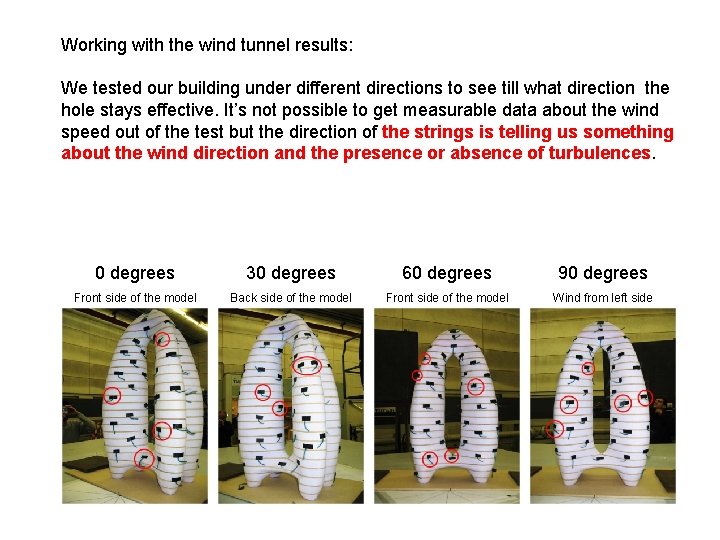 Working with the wind tunnel results: We tested our building under different directions to