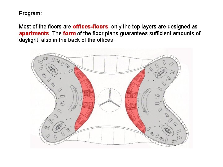 Program: Most of the floors are offices-floors, only the top layers are designed as