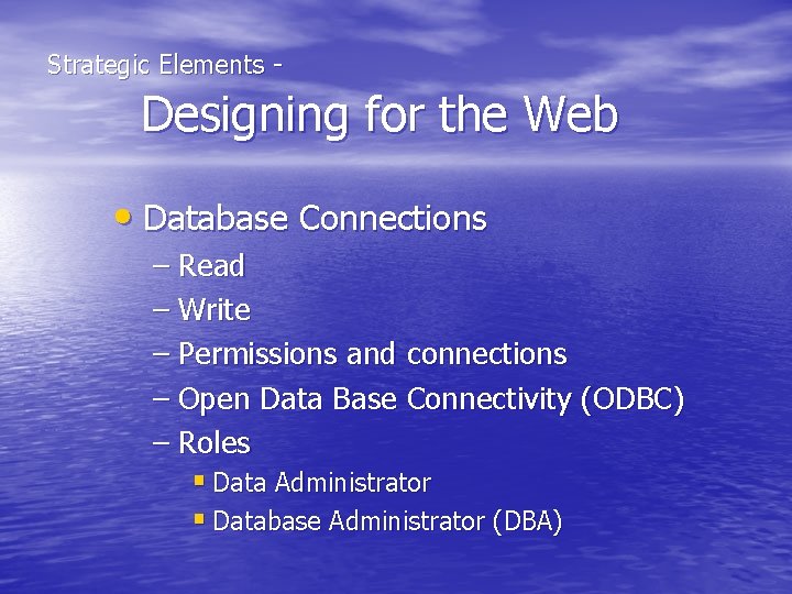  Strategic Elements - Designing for the Web • Database Connections – Read –