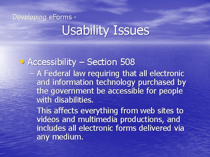  Developing e. Forms - Usability Issues • Accessibility – Section 508 – A