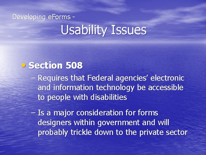  Developing e. Forms - Usability Issues • Section 508 – Requires that Federal