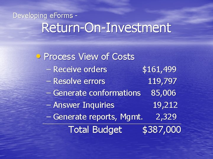 Developing e. Forms - Return-On-Investment • Process View of Costs – Receive orders $161,