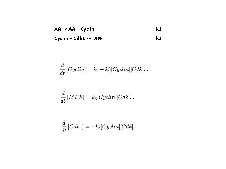 AA -> AA + Cyclin k 1 Cyclin + Cdk 1 -> MPF k