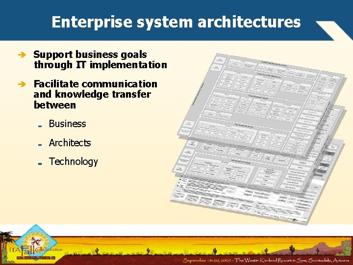 Enterprise system architectures Support business goals through IT implementation Facilitate communication and knowledge transfer