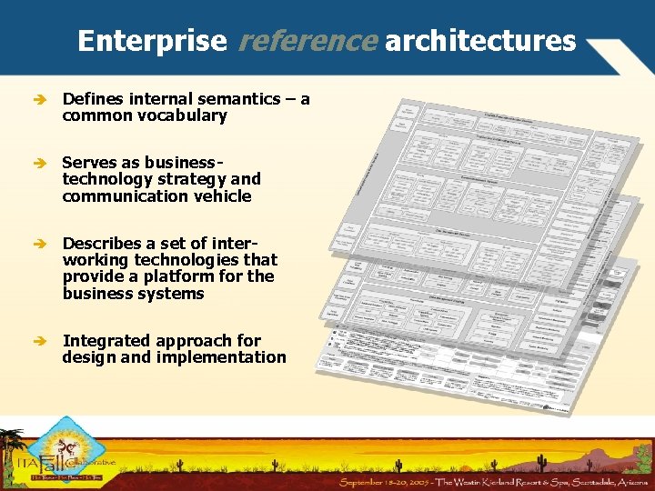 Enterprise reference architectures Defines internal semantics – a common vocabulary Serves as businesstechnology strategy