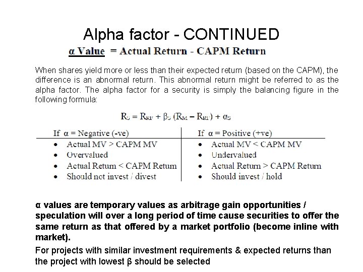 Alpha factor - CONTINUED When shares yield more or less than their expected return