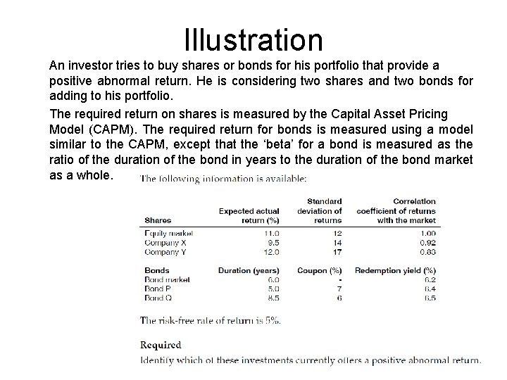Illustration An investor tries to buy shares or bonds for his portfolio that provide
