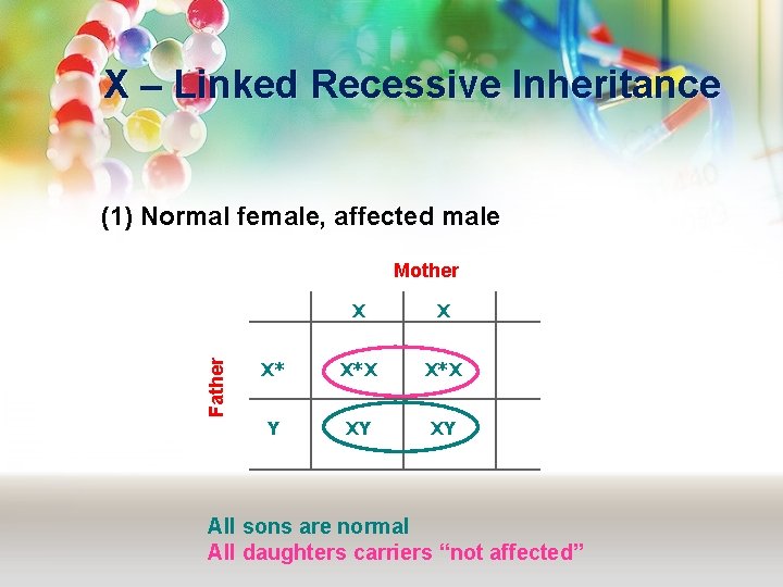 X – Linked Recessive Inheritance (1) Normal female, affected male Father Mother X X