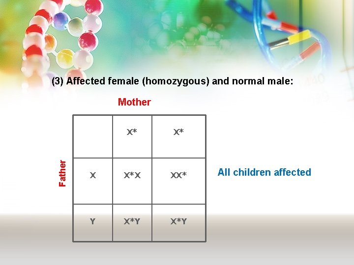 (3) Affected female (homozygous) and normal male: Father Mother X* X* X X*X XX*