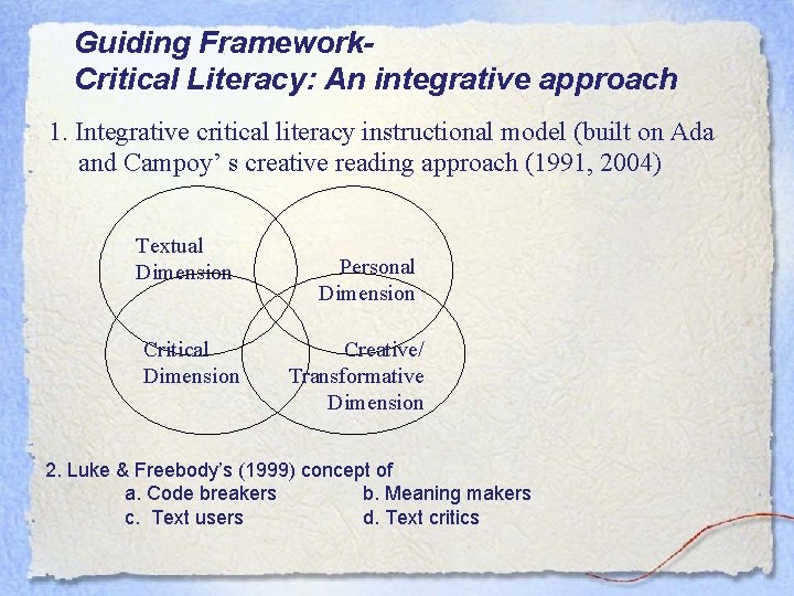 Guiding Framework. Critical Literacy: An integrative approach 1. Integrative critical literacy instructional model (built Guiding Framework. Critical Literacy: An integrative approach 1. Integrative critical literacy instructional model (built