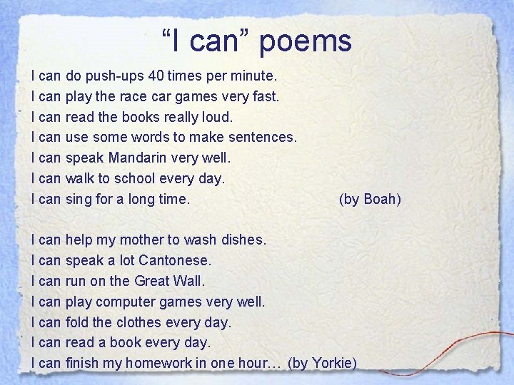 “I can” poems I can do push-ups 40 times per minute. I can play “I can” poems I can do push-ups 40 times per minute. I can play