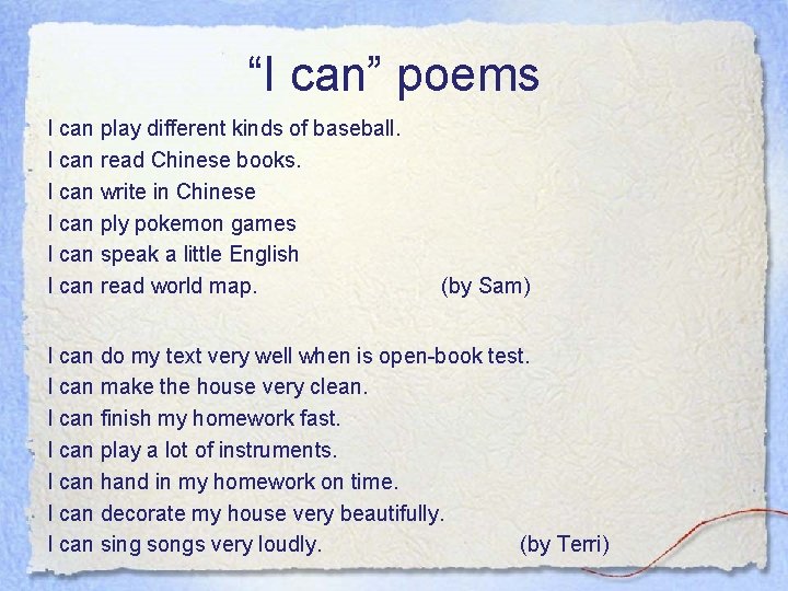 “I can” poems I can play different kinds of baseball. I can read Chinese “I can” poems I can play different kinds of baseball. I can read Chinese