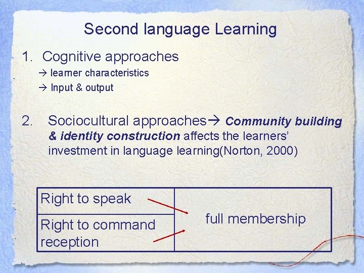 Second language Learning 1. Cognitive approaches learner characteristics Input & output 2. Sociocultural approaches Second language Learning 1. Cognitive approaches learner characteristics Input & output 2. Sociocultural approaches