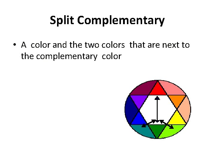 Split Complementary • A color and the two colors that are next to the