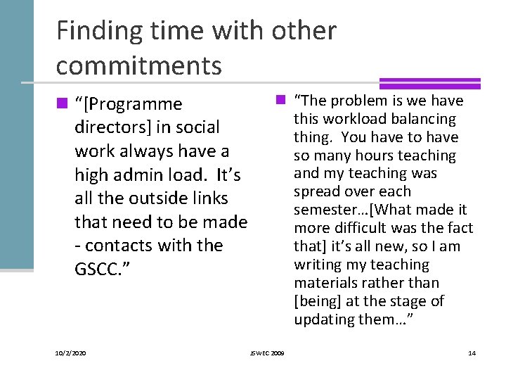 Finding time with other commitments n “[Programme n “The problem is we have this Finding time with other commitments n “[Programme n “The problem is we have this