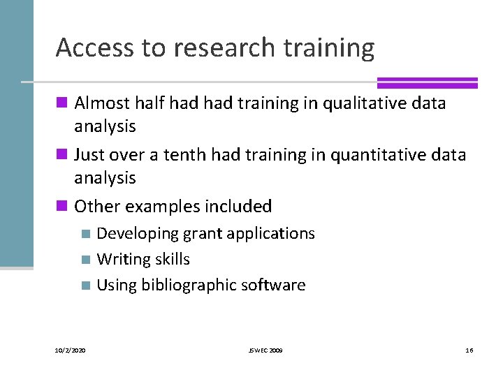 Access to research training n Almost half had training in qualitative data analysis n Access to research training n Almost half had training in qualitative data analysis n