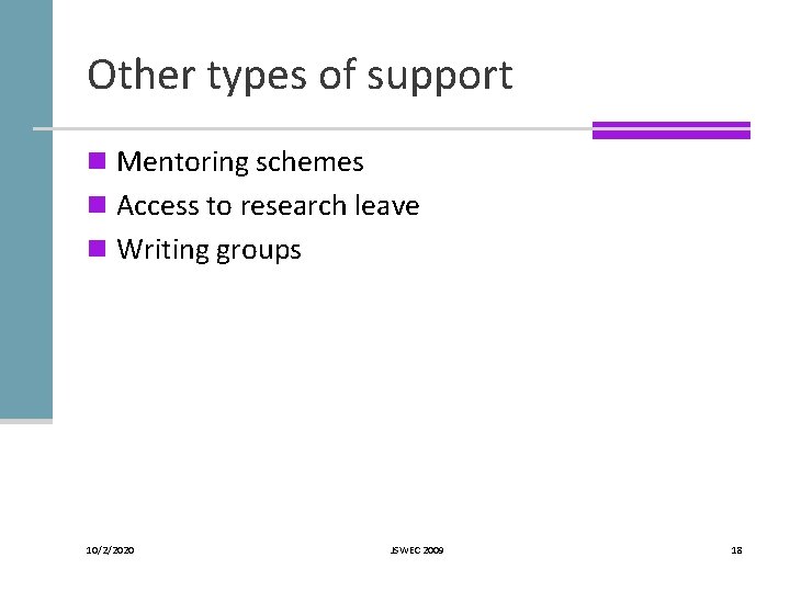 Other types of support n Mentoring schemes n Access to research leave n Writing Other types of support n Mentoring schemes n Access to research leave n Writing
