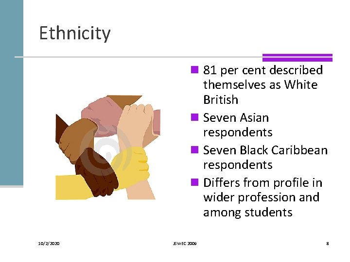 Ethnicity n 81 per cent described themselves as White British n Seven Asian respondents Ethnicity n 81 per cent described themselves as White British n Seven Asian respondents