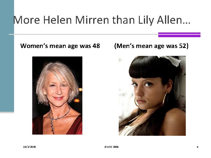 More Helen Mirren than Lily Allen… Women’s mean age was 48 10/2/2020 (Men’s mean More Helen Mirren than Lily Allen… Women’s mean age was 48 10/2/2020 (Men’s mean