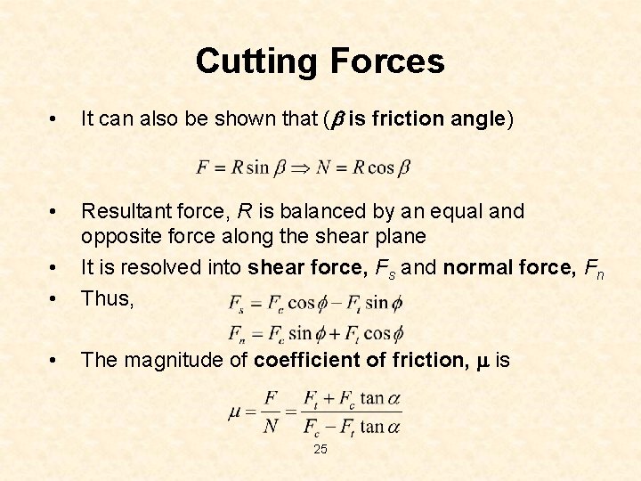 Cutting Forces • It can also be shown that ( is friction angle) •