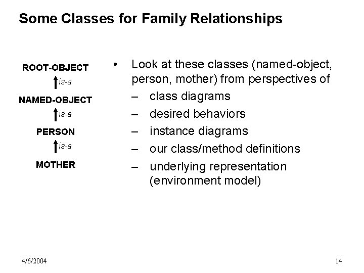 Some Classes for Family Relationships ROOT-OBJECT is-a NAMED-OBJECT is-a PERSON is-a MOTHER 4/6/2004 •
