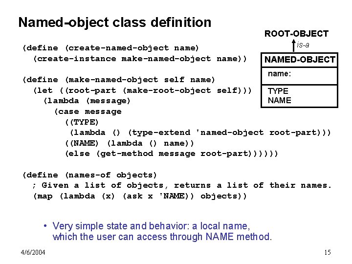 Named-object class definition (define (create-named-object name) (create-instance make-named-object name)) ROOT-OBJECT is-a NAMED-OBJECT name: (define