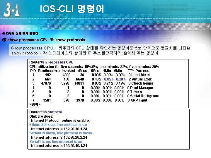 IOS-CLI 명령어 4) 라우터 상태 검사 명령어 ④ show processes CPU 와 show protocols