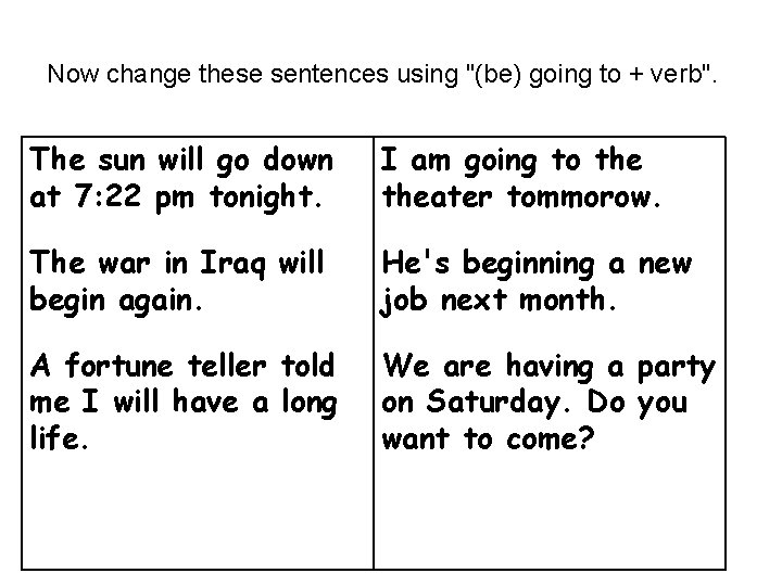 Now change these sentences using "(be) going to + verb". The sun will go