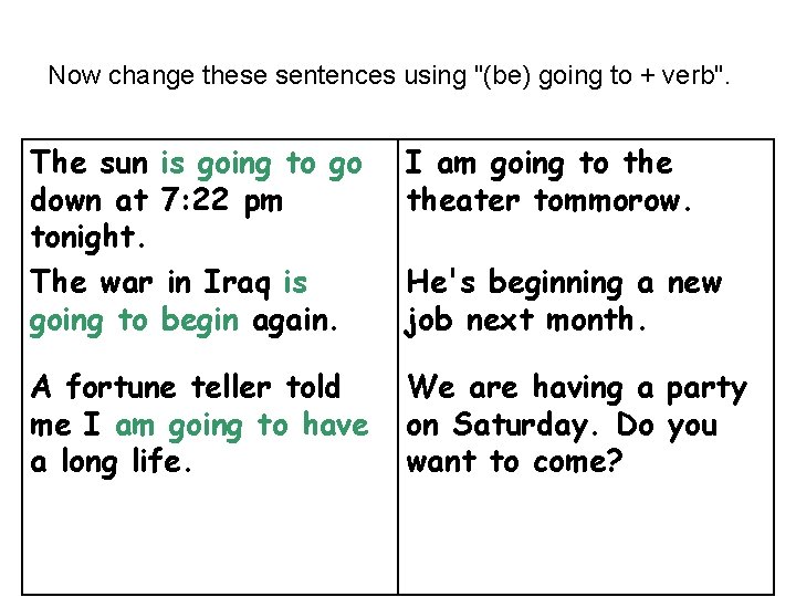 Now change these sentences using "(be) going to + verb". The sun is going