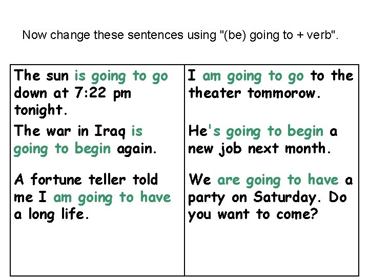 Now change these sentences using "(be) going to + verb". The sun is going