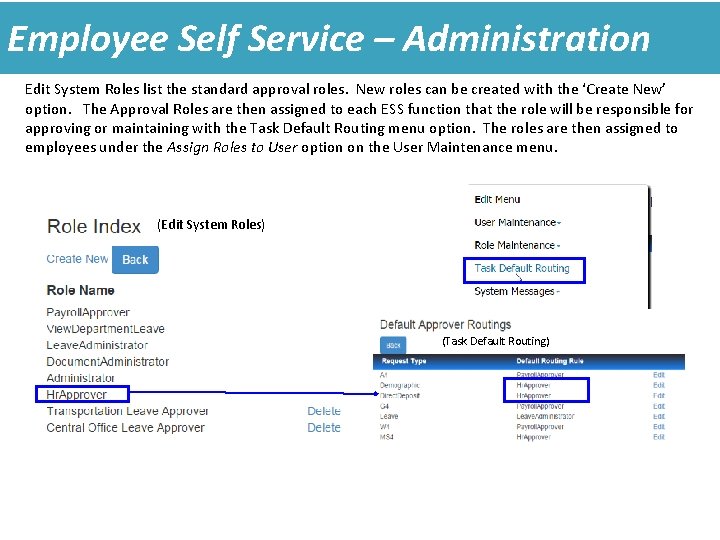 Employee Self Service – Administration Edit System Roles list the standard approval roles. New