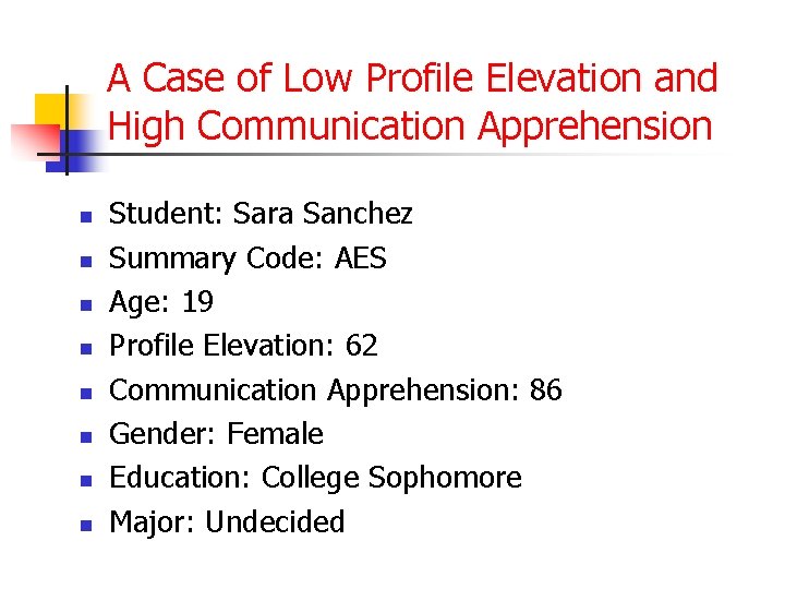 A Case of Low Profile Elevation and High Communication Apprehension n n n n