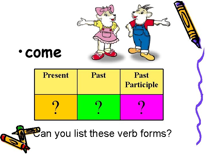  • come Present Past Participle ? ? ? Can you list these verb
