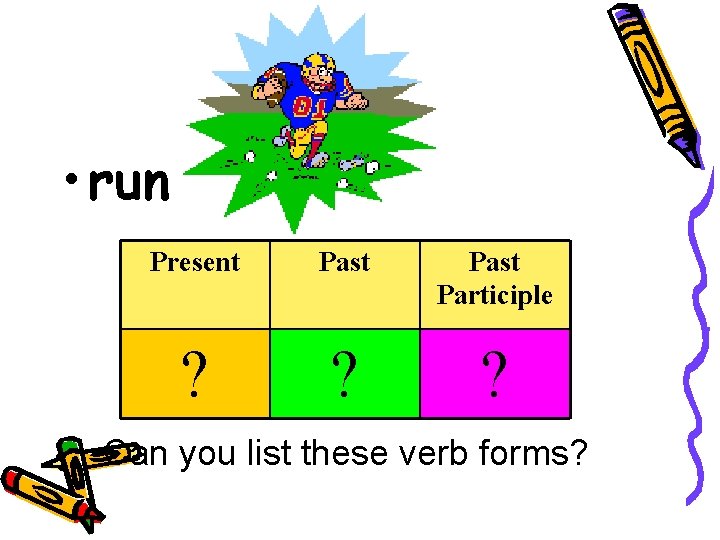  • run Present Past Participle ? ? ? Can you list these verb