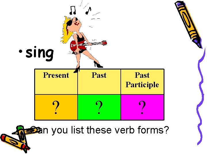  • sing Present Past Participle ? ? ? Can you list these verb