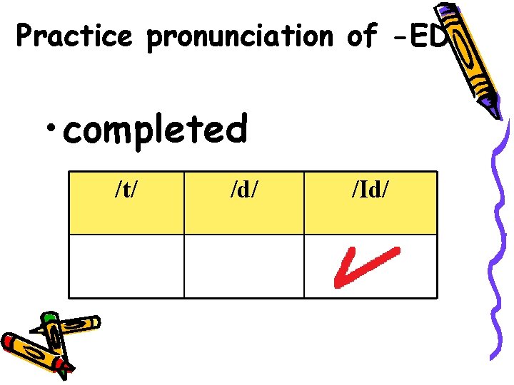 Practice pronunciation of -ED • completed /t/ /d/ /Id/ 