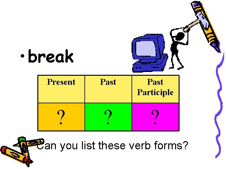  • break Present Past Participle ? ? ? Can you list these verb