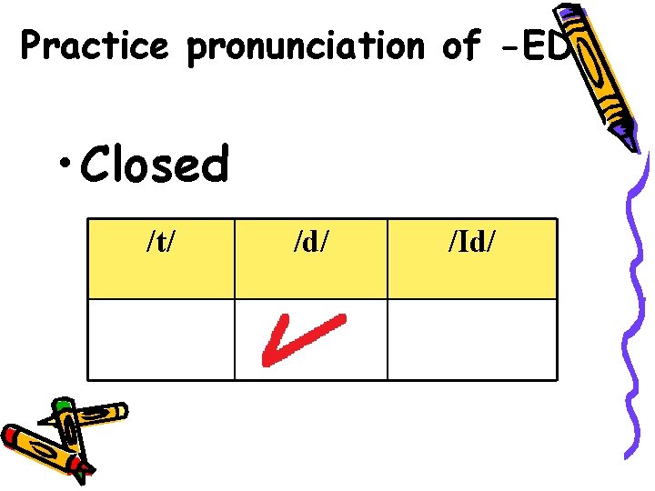 Practice pronunciation of -ED • Closed /t/ /d/ /Id/ 