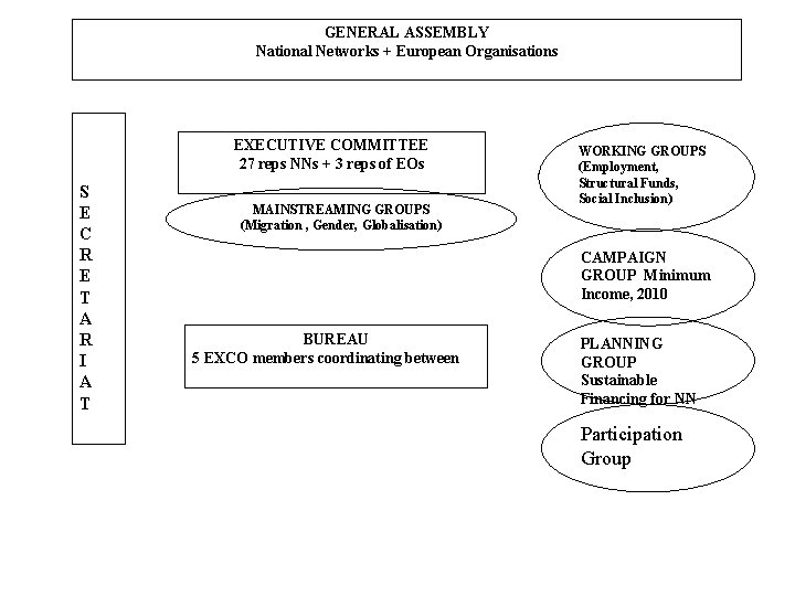 GENERAL ASSEMBLY National Networks + European Organisations EXECUTIVE COMMITTEE 27 reps NNs + 3