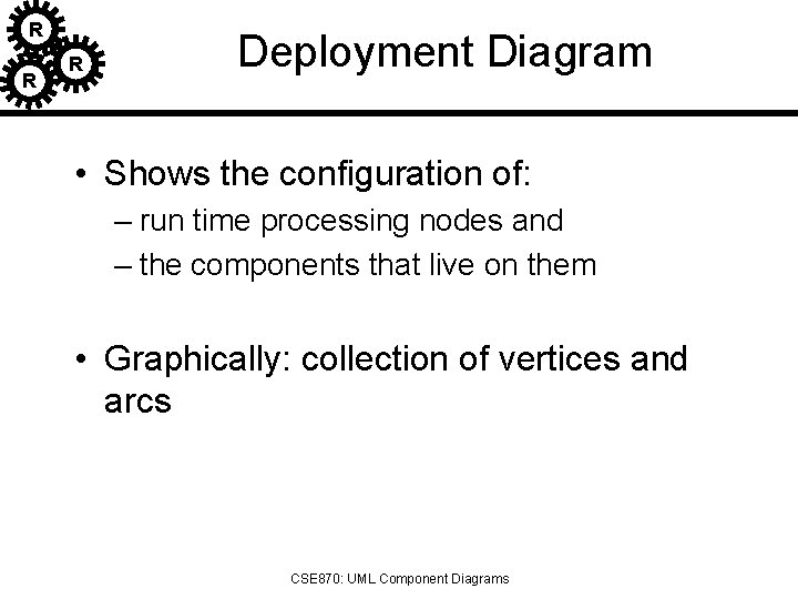 R R R Deployment Diagram • Shows the configuration of: – run time processing